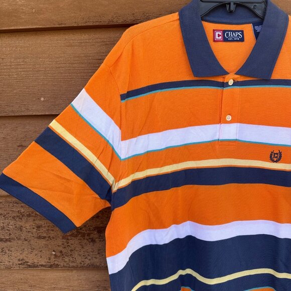 Chaps Orange Striped Polo 100% Cotton Button Up Shirt Size L - Picture 3 of 8